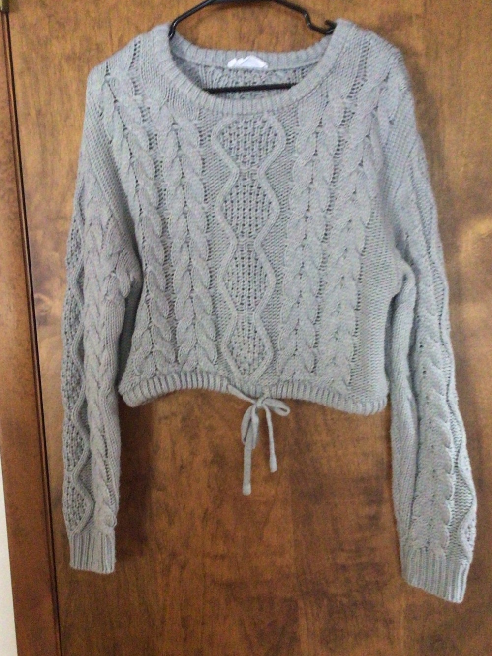 Double Zero Light Gray Cable-Knit Crewneck Sweater with Drawstring